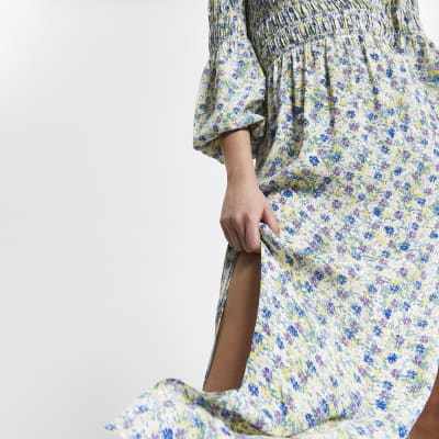 Cream shirred puff sleeve maxi dress