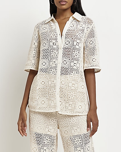Cream short sleeve embroidered shirt