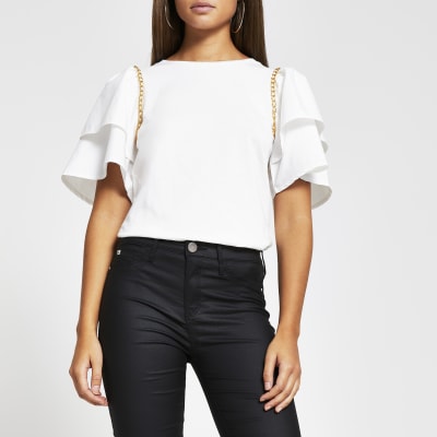 Cream short sleeve frill chain detail tshirt River Island