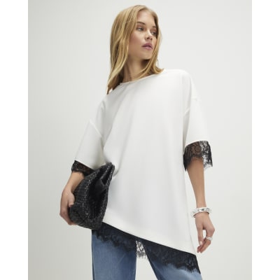 Cream Short Sleeve Lace Trim Asymmetric Top