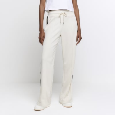 Cream side stripe wide leg joggers