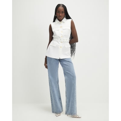 Cream Sleeveless Belted Utility Waistcoat