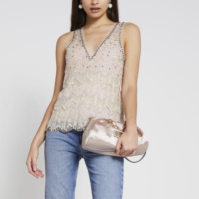Cream sleeveless embellished vest top River Island