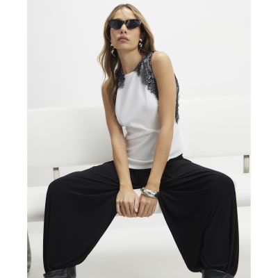 Cream Sleeveless Lace Trim Top