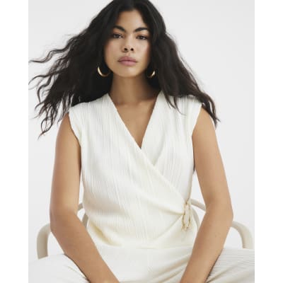Cream Sleeveless Plisse Wrap Top