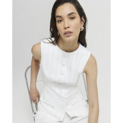 Cream Sleeveless Striped Longline Waistcoat