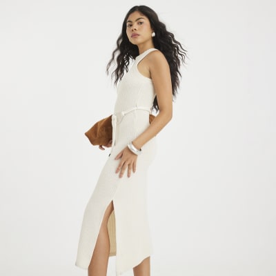 Cream Sleeveless Textured Belted Midi Dress