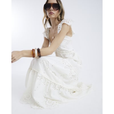 Cream Sleeveless V-neck Broderie Midi Dress