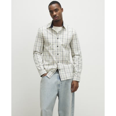 Cream Slim Fit Check Long Sleeve Shirt