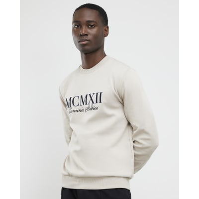 Cream Slim Fit Embossed Crew Neck Sweatshirt
