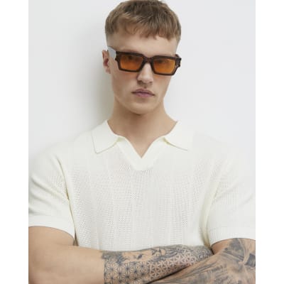 Cream Slim Fit Knitted Open Collar Polo Shirt