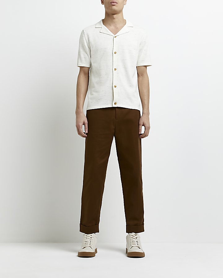 Cream slim fit knitted shirt | River Island