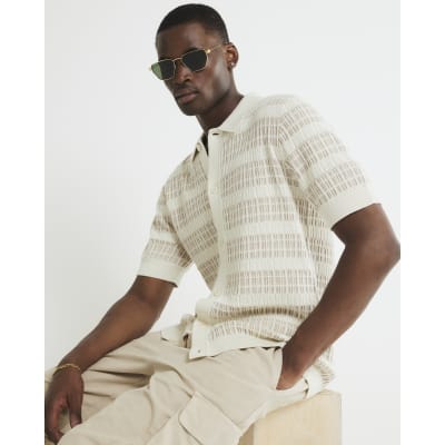 Cream Slim Fit Knitted Stripe Shirt