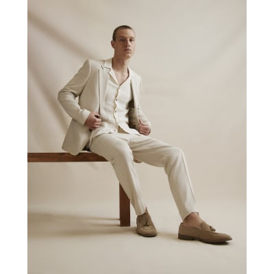 Cream Slim Fit Linen Blend Suit Trousers