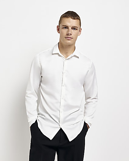 Cream Slim fit smart Sateen long sleeve shirt