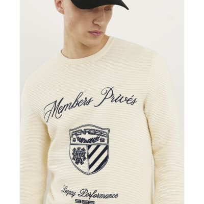 Cream Slim Fit Textured Embroidered Jumper