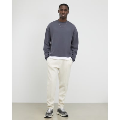 Cream Slim Fit Textured Interlock Joggers