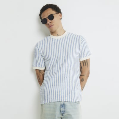 Cream Slim Fit Textured Striped T-Shirt