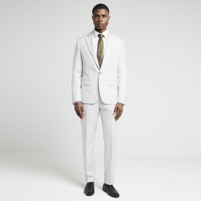 Cream slim fit textured suit jacket