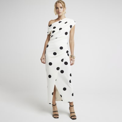 Cream spot drape bodycon midi dress River Island