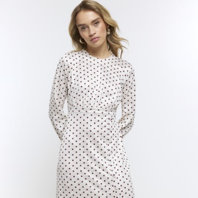 Cream spot long sleeve midi dress
