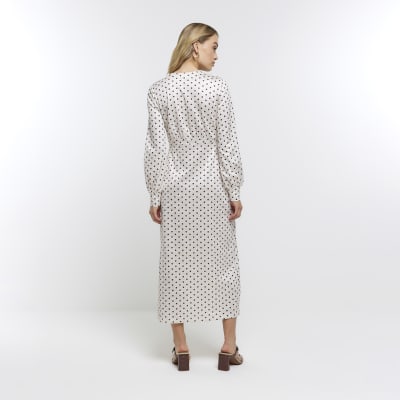Cream spot long sleeve midi dress