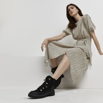 cream spot midi dress