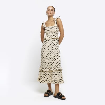 Cream spot tiered smock midi dress | River Island