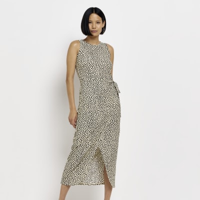 Cream spot wrap midi dress River Island