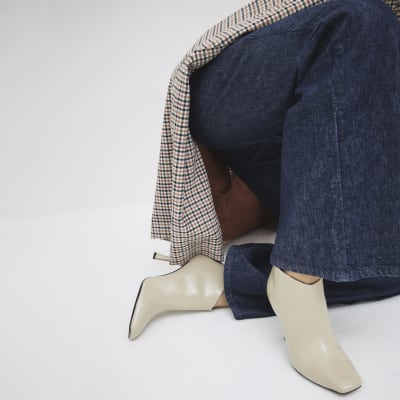 Cream Square Toe Heeled Ankle Boots River Island