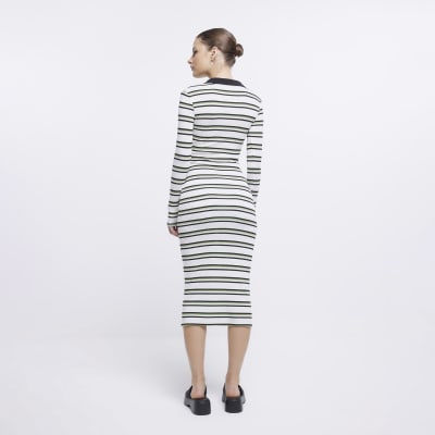 Cream stripe collared bodycon midi dress