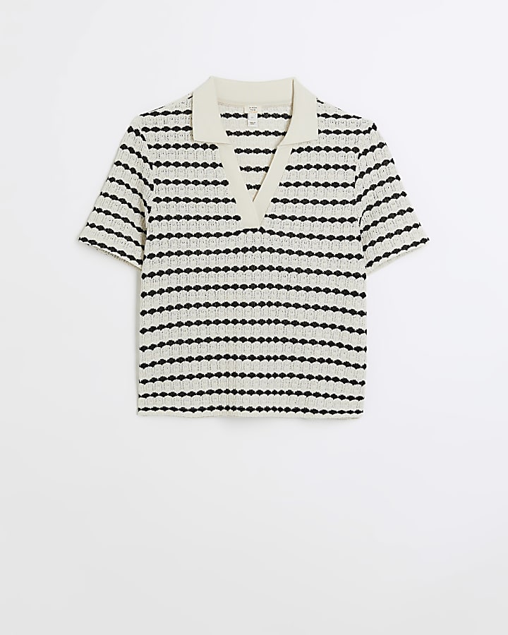Cream stripe crochet polo top
