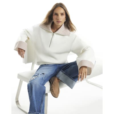Cream Stripe Half Zip Top
