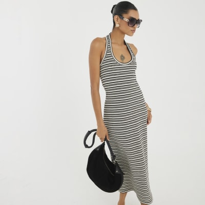 Cream Stripe Halter Neck Midi Dress