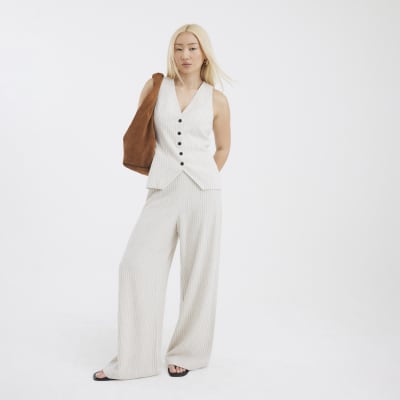 Cream Stripe Linen Blend Wide Leg Trousers