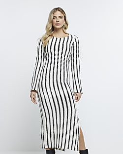 Cream stripe long sleeve bodycon midi dress