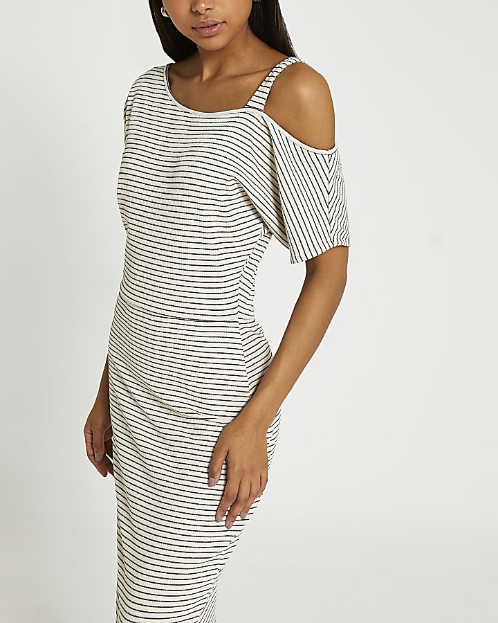 Cream stripe one shoulder midi dress