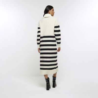 Cream stripe rolled neck jumper midi dress River Island