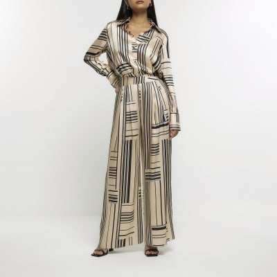 Cream Stripe Satin Wide Leg Trousers River Island 9000