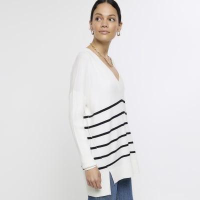 Cream stripe vneck jumper River Island