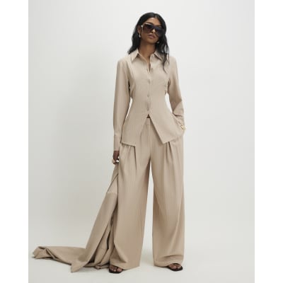Cream Stripe Wide Leg Trousers