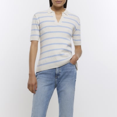 Cream striped rib polo top