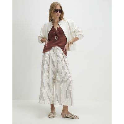 Cream Striped Tie Detail Culottes