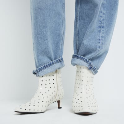 Cream Studded Kitten Heel Boots River Island