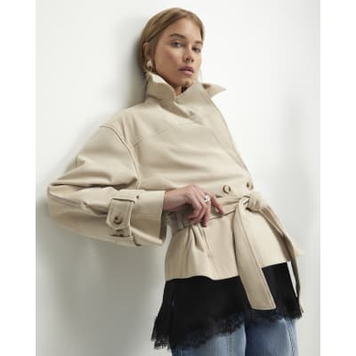 Cream Suede Cropped Trench Coat