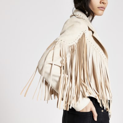 Cream suedette fringe studded jacket | River Island