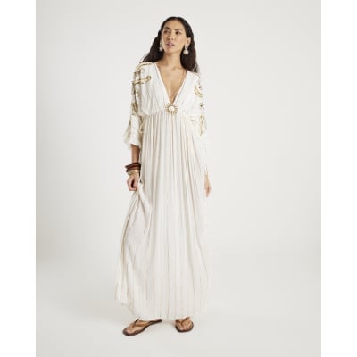 Cream Sun Detail Embellished Maxi Beach Dress