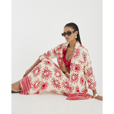 Cream Sun Print Oversized Beach Shirt