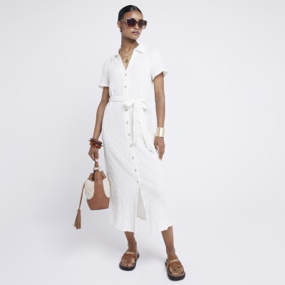 Cream Textured Belted Midi Shirt Dress River Island