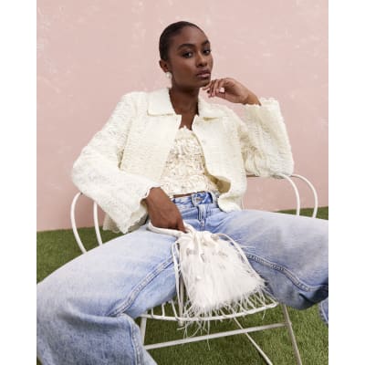 Cream Textured Collared Trophy Jacket